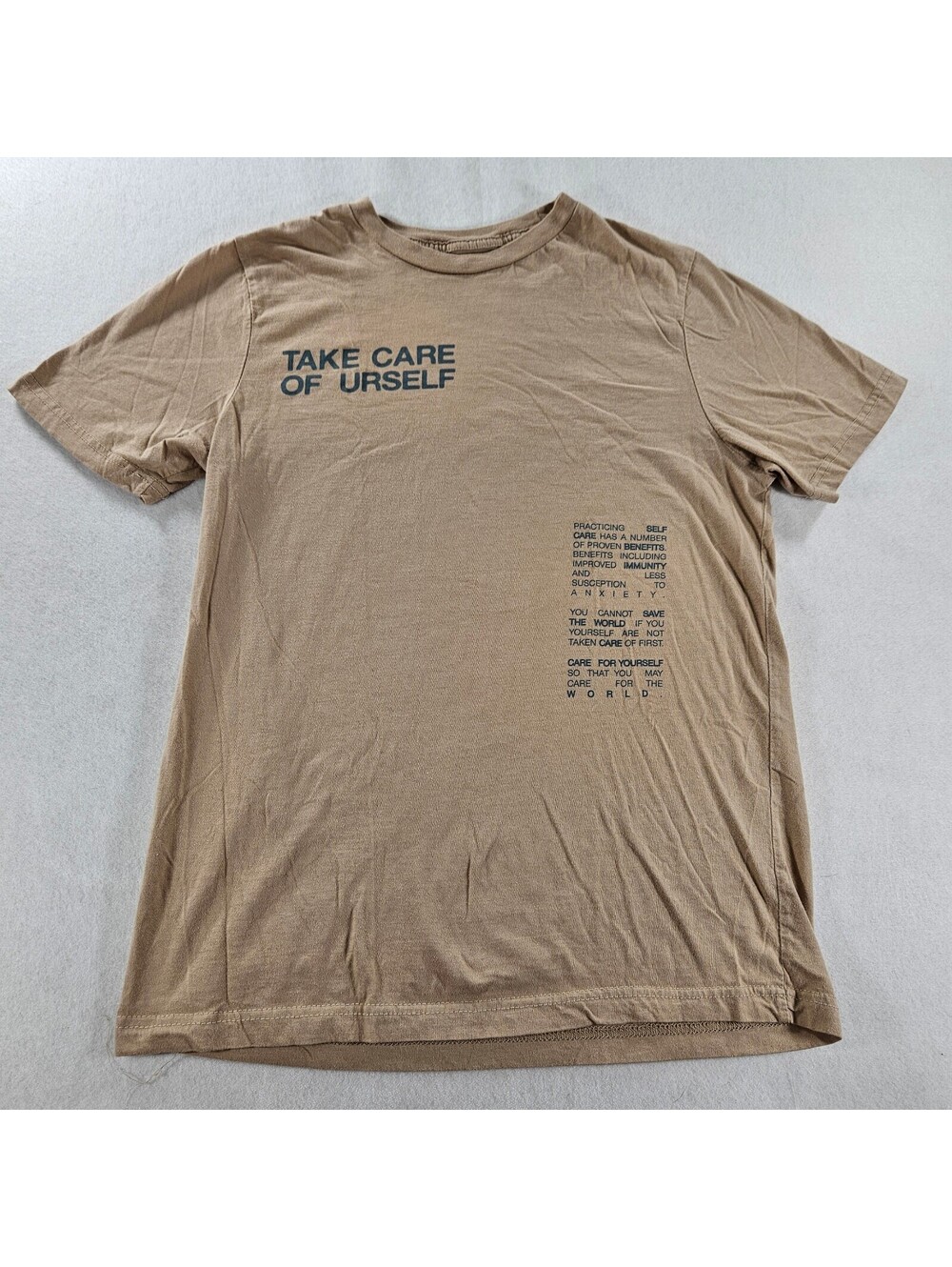 Fanjoy Take Care Of Urself Graphic T Shirt Mens Medium Beige Brown Self Care Tee